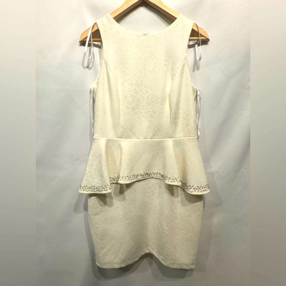Cachet Cream Peplum Dress With Rhinestone Detail-Subtle Animal Print, Size 8